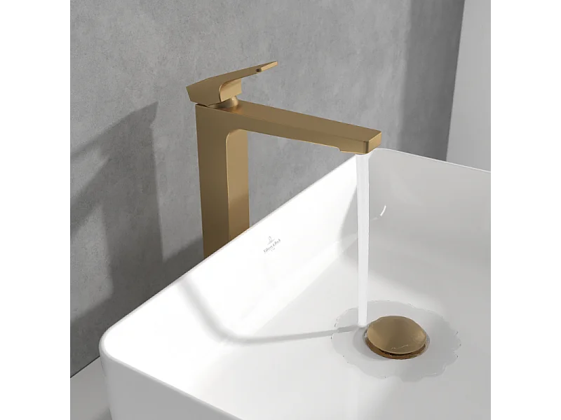 Mitigeur lavabo surélevé VILLEROY ET BOCH Architectura Square avec vidage Push Open Or brossé