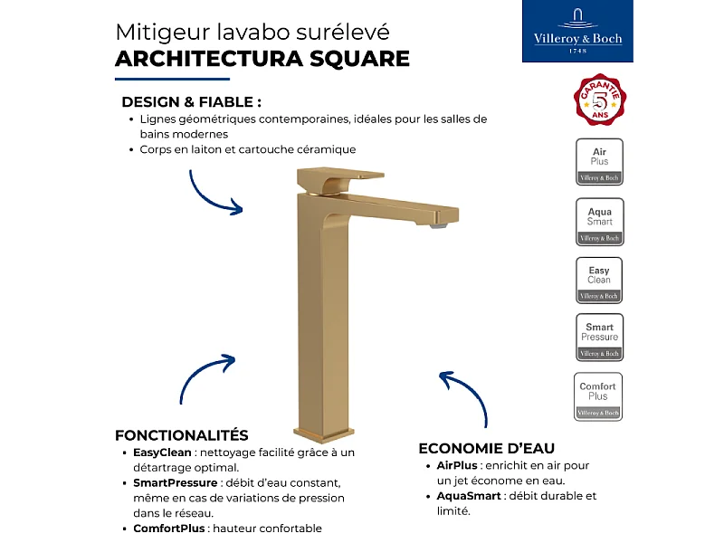 Mitigeur lavabo surélevé VILLEROY ET BOCH Architectura Square avec vidage Push Open Or brossé