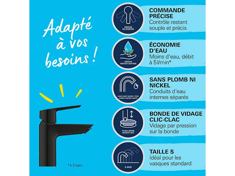 Mitigeur lavabo GROHE Start noir S + nettoyant GrohClean