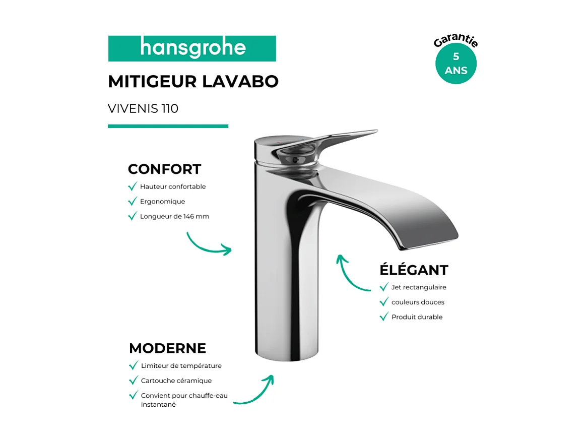 Mitigeur lavabo HANSGROHE 110 sans tirette ni vidage chrome + nettoyant Briochin