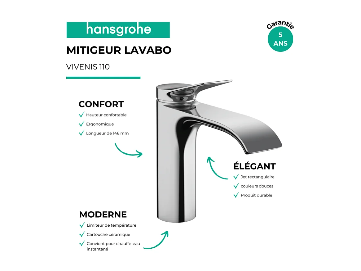 Mitigeur lavabo HANSGROHE 110 sans tirette ni vidage chrome + nettoyant Briochin