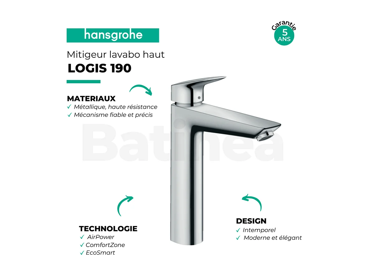 HANSGROHE Mezclador de lavabo alto Logis 190, tamaño XL