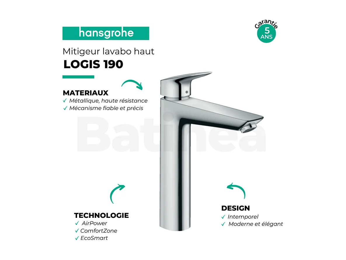 HANSGROHE Mezclador de lavabo alto Logis 190, tamaño XL