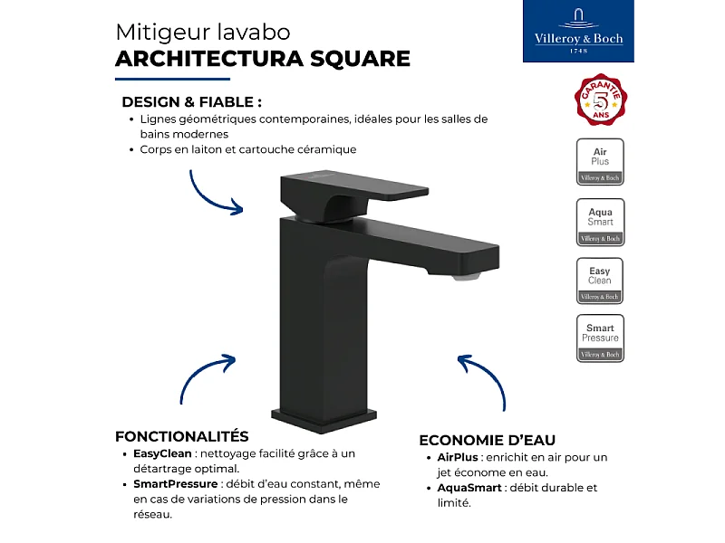 Mitigeur lavabo VILLEROY ET BOCH Architectura Square sans tirette Noir mat