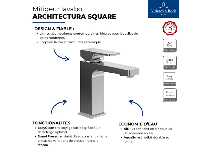 Mitigeur lavabo VILLEROY ET BOCH Architectura Square avec tirette Chrome