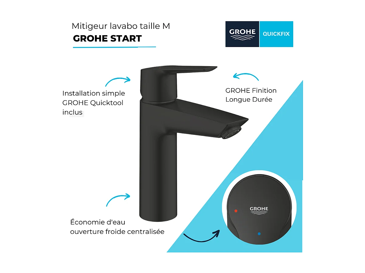 Lot de 2  mitigeurs lavabo GROHE Start ouverture eau froide noir M