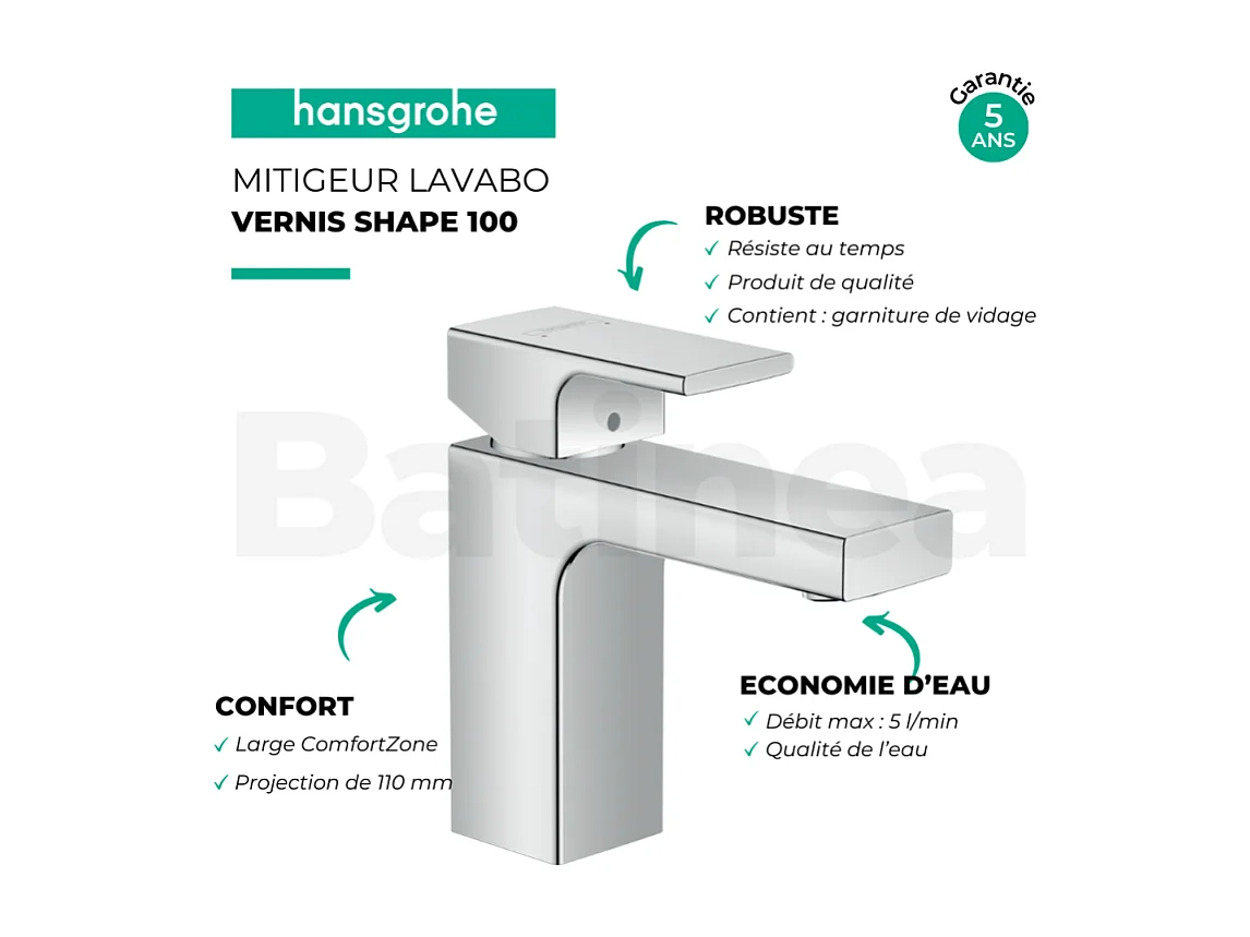 Mitigeur lavabo HANSGROHE 100 avec tirette et vidage chrome + nettoyant Briochin