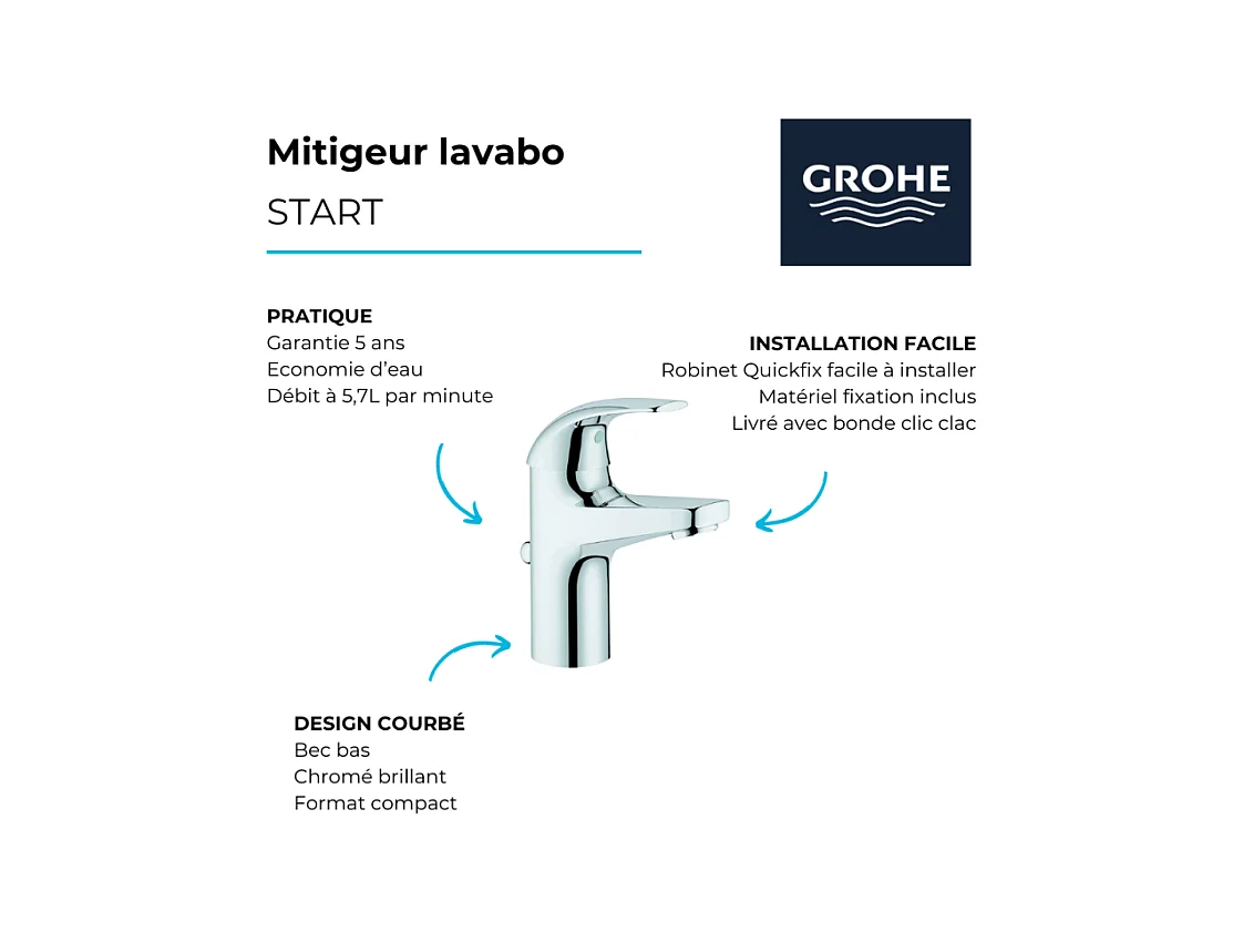 Mitigeur lavabo GROHE Quickfix Start Curve taille S + nettoyant GrohClean