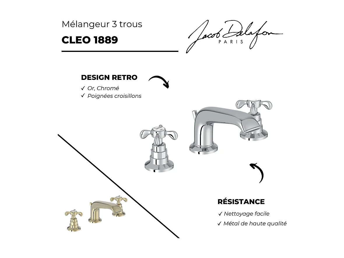 Mitigeur lavabo 3 trous rétro JACOB DELAFON Cleo poignées à croisillon chrome