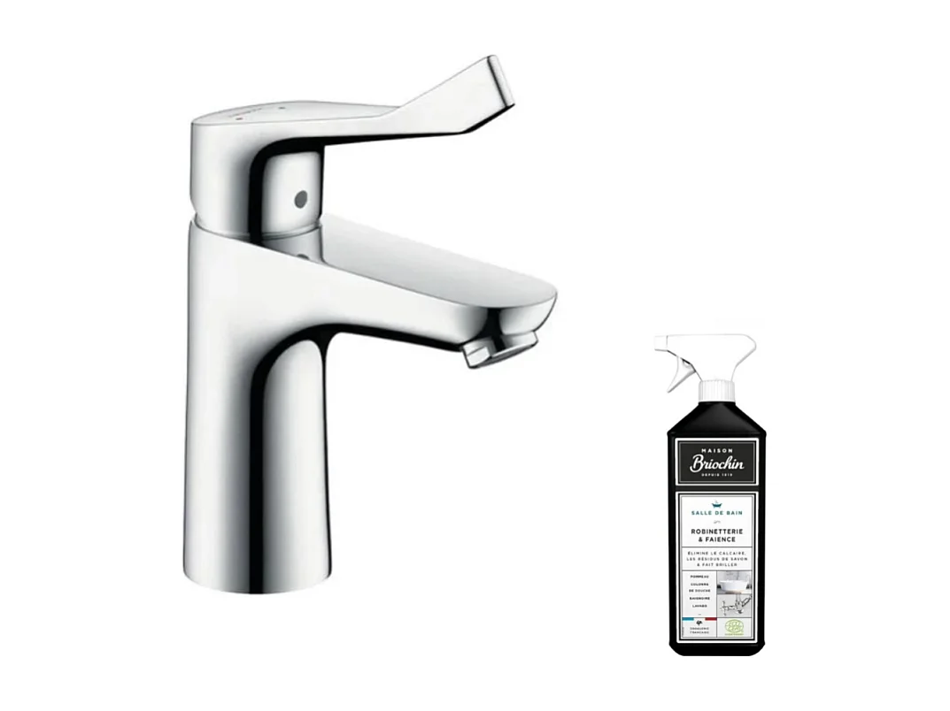 Mitigeur lavabo HANSGROHE 100 Care avec poignée extra longue chrome + nettoyant Briochin