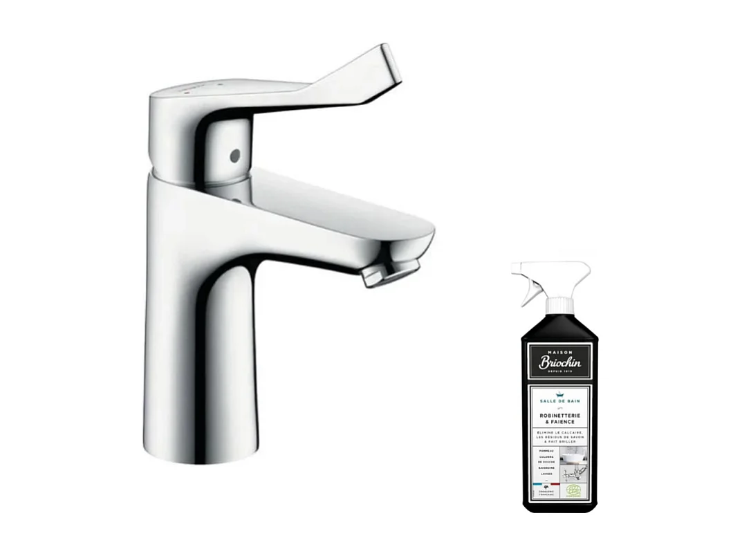 Mitigeur lavabo HANSGROHE 100 Care avec poignée extra longue chrome + nettoyant Briochin
