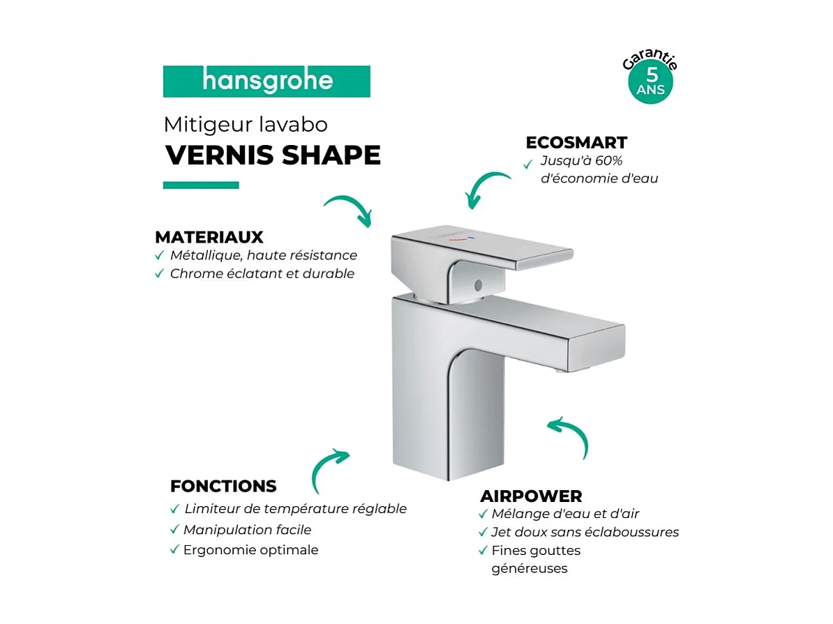HANSGROHE Mitigeur lavabo Vernis Shape 70 CoolStart avec tirette et vidage synthétique chromé