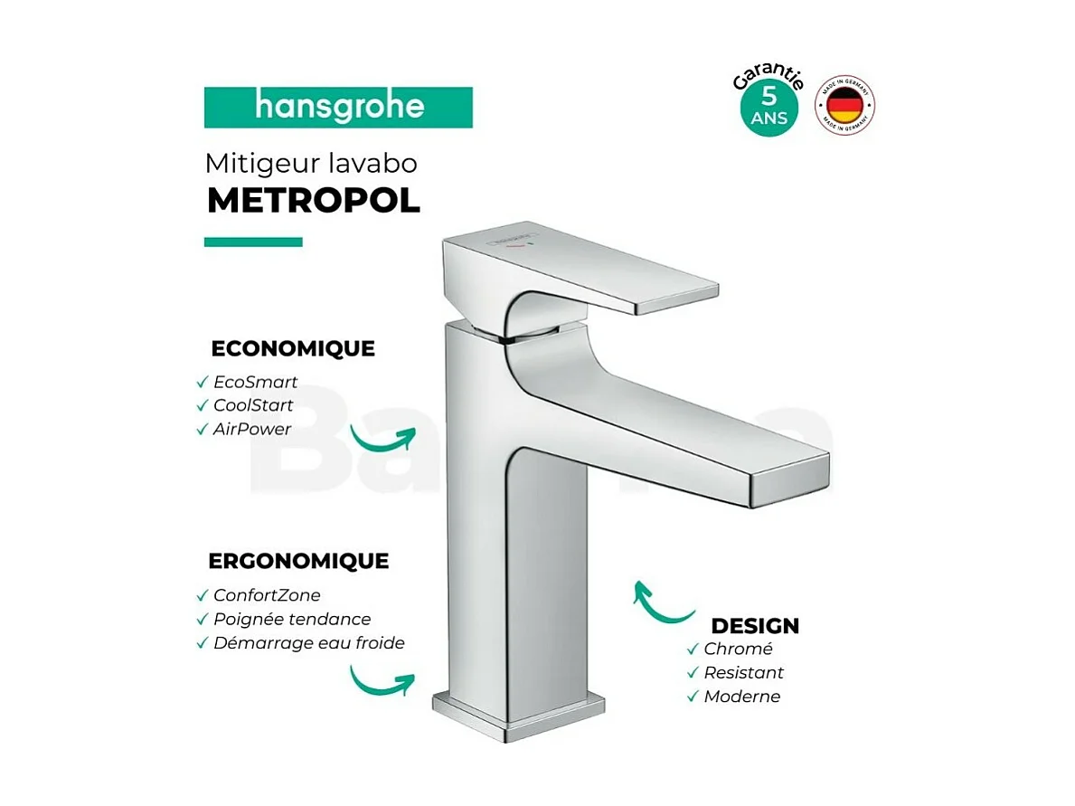 Mitigeur de lavabo HANSGROHE Metropol, CoolStart poignée manette, chromé
