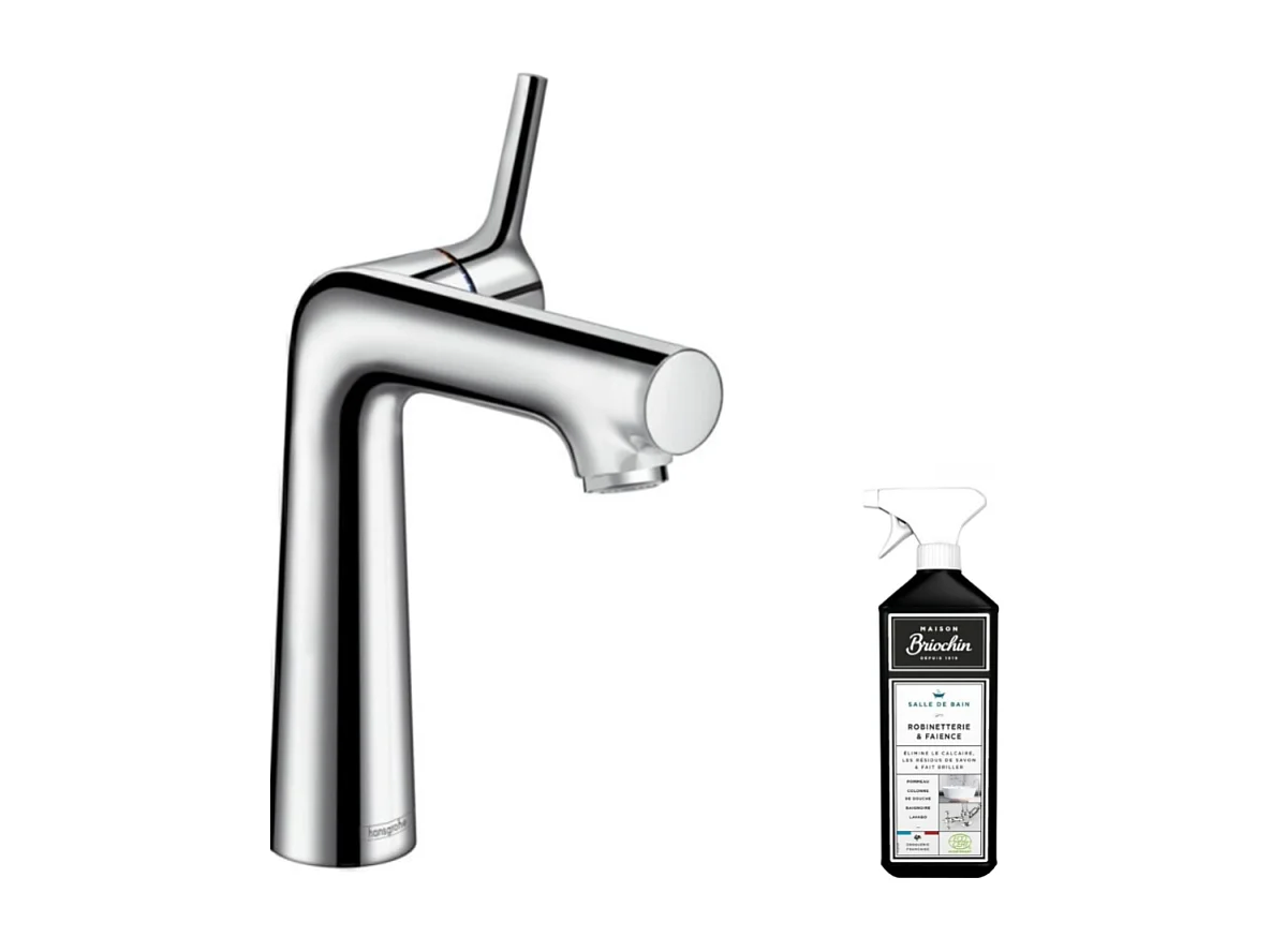 Mitigeur lavabo HANSGROHE140, avec tirette et vidage chrome + nettoyant Briochin