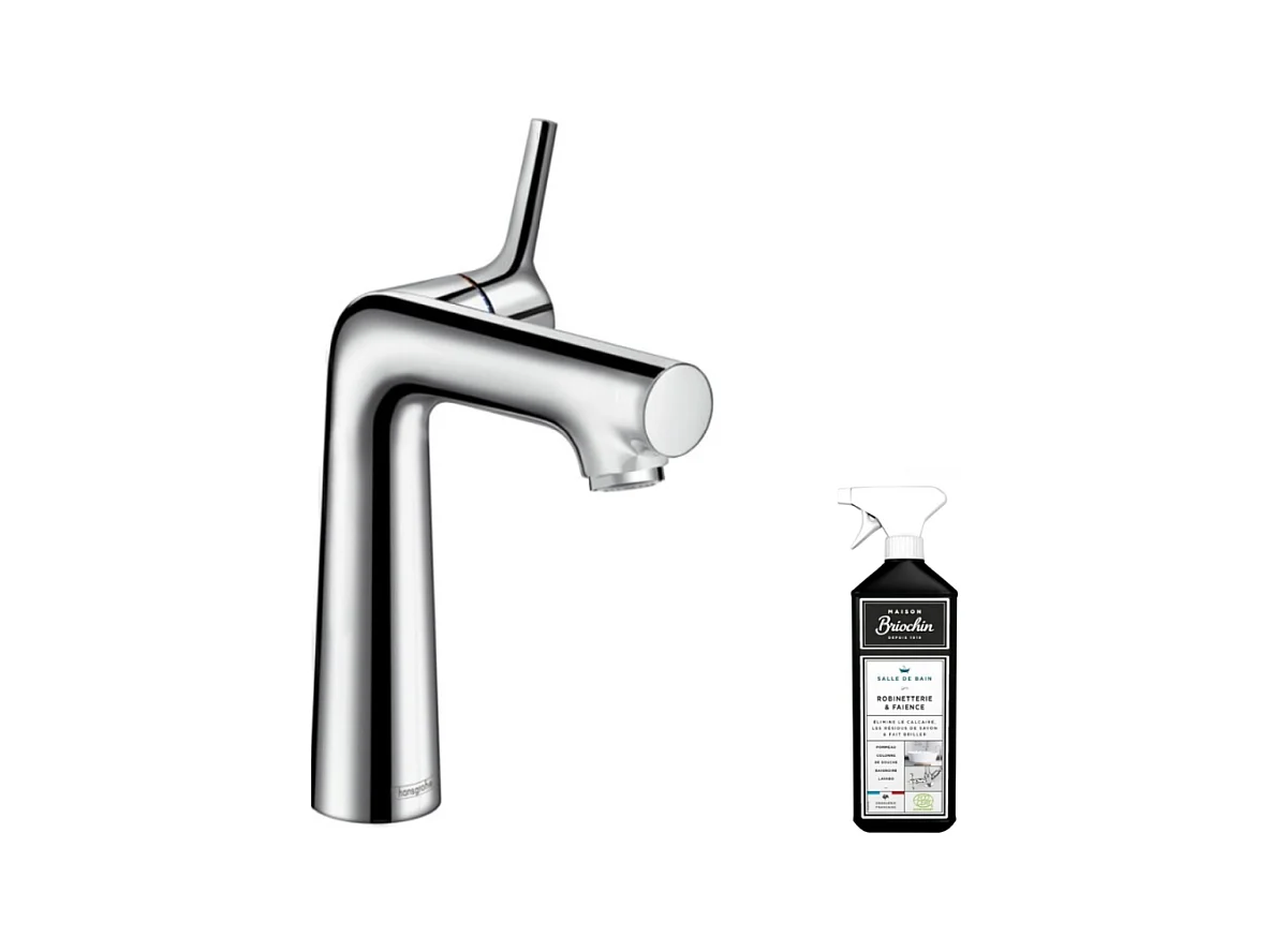 Mitigeur lavabo HANSGROHE140, avec tirette et vidage chrome + nettoyant Briochin