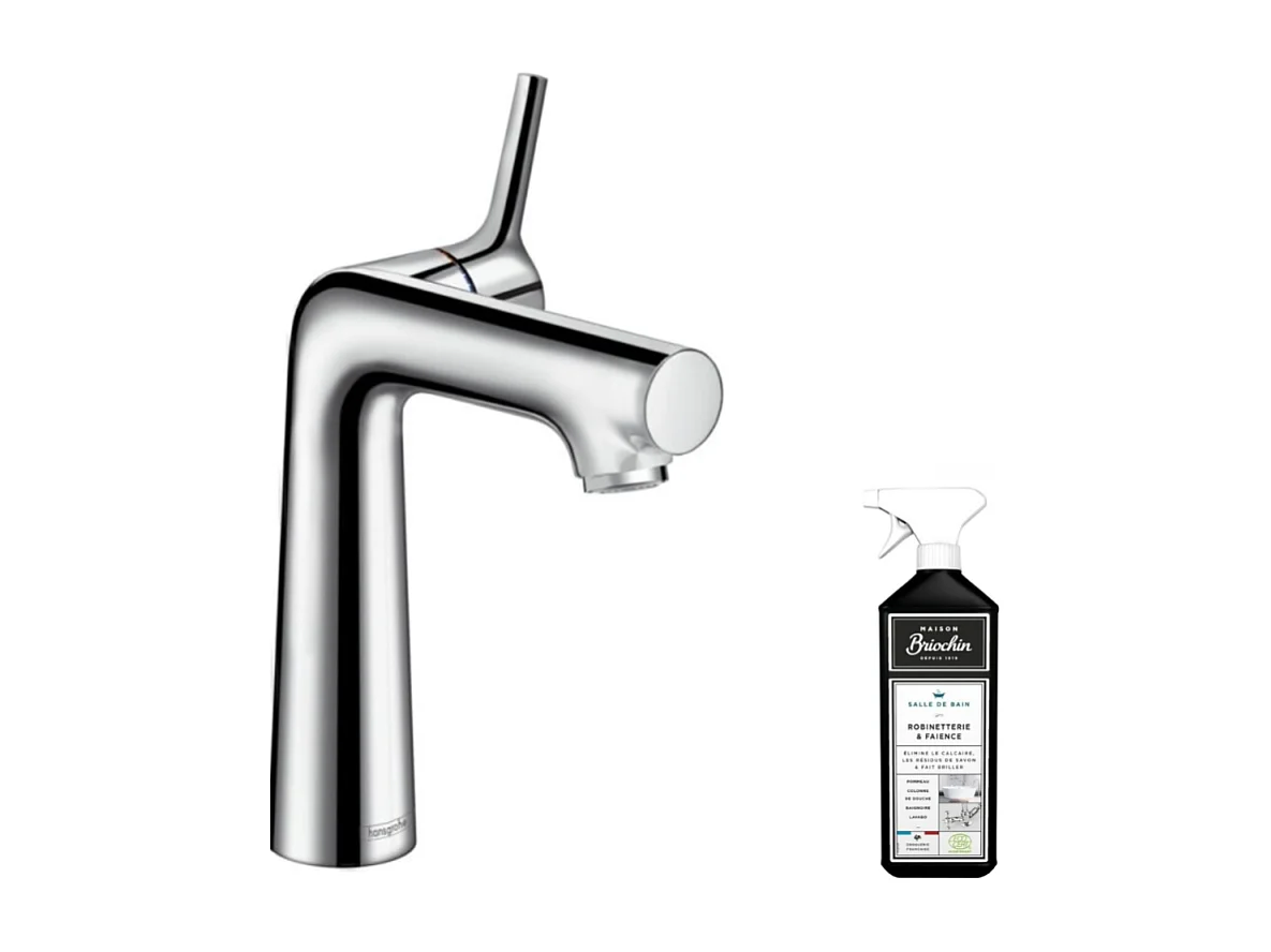 Mitigeur lavabo HANSGROHE140, avec tirette et vidage chrome + nettoyant Briochin