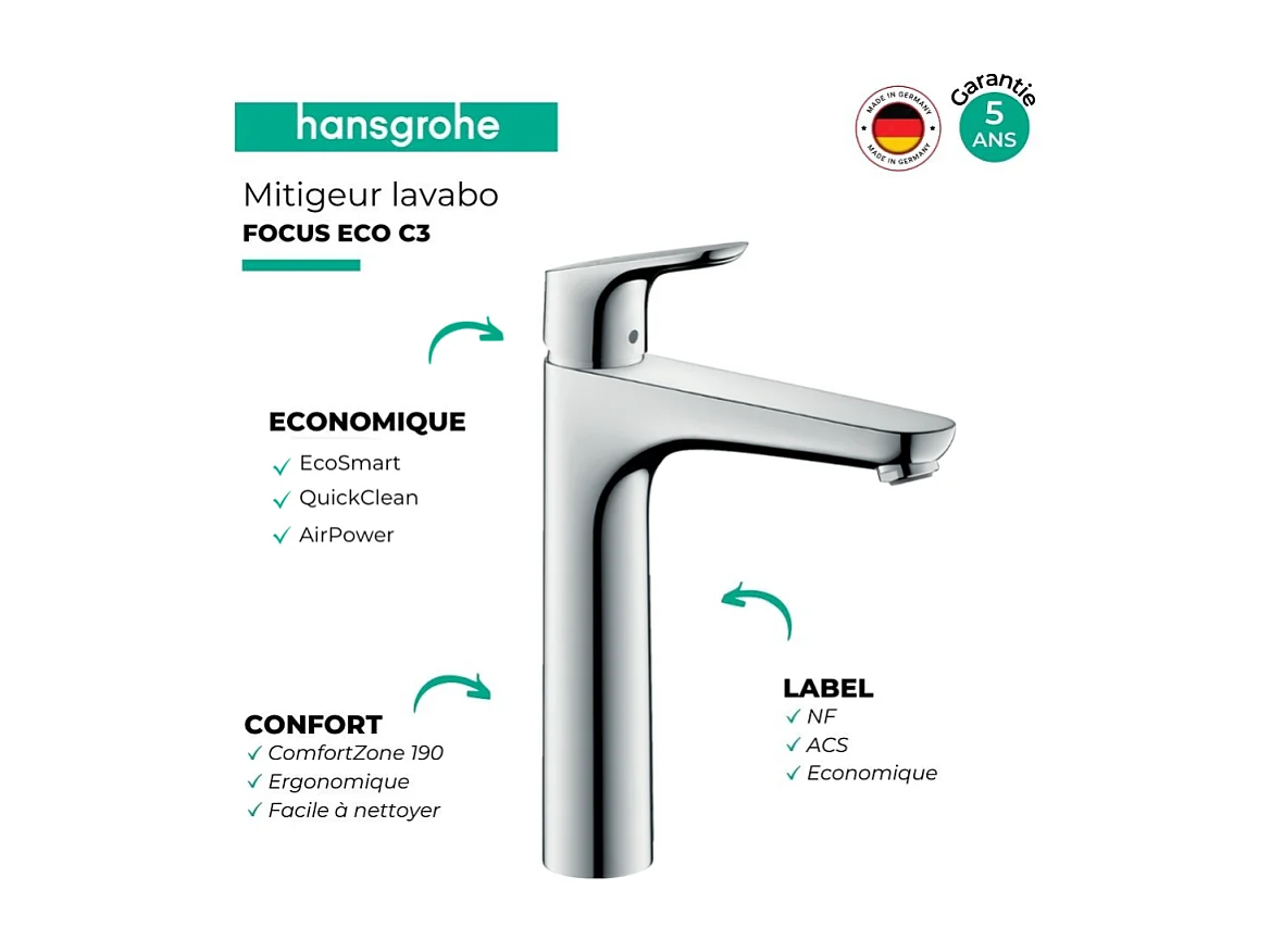 Mitigeur lavabo HANSGROHE Focus, 190 Eco C3, avec tirette chromé