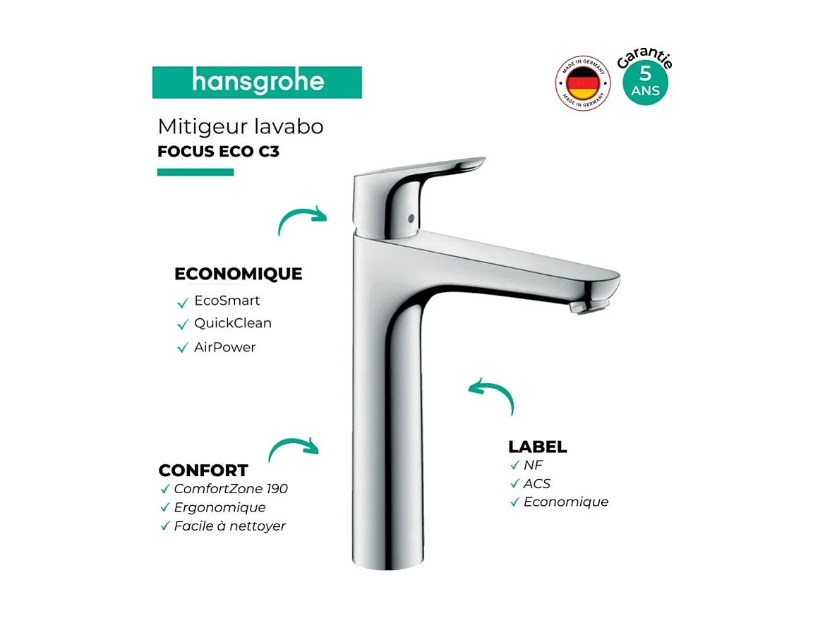 Mitigeur lavabo HANSGROHE Focus, 190 Eco C3, avec tirette chromé
