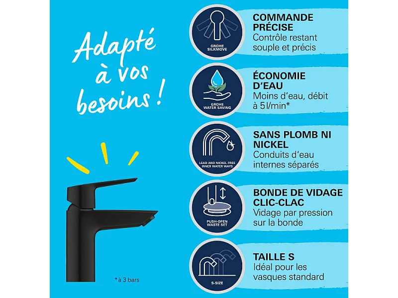 Mitigeur lavabo GROHE Start noir S + microfibre