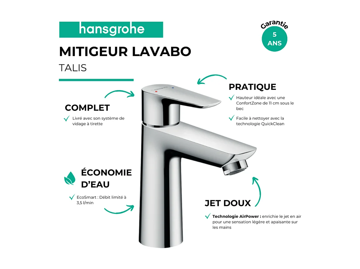 Mitigeur lavabo HANSGROHE Talis E 110 bas débit avec tirette et vidage + nettoyant Briochin