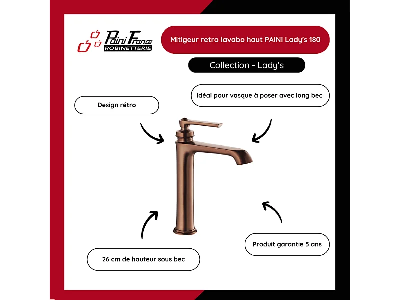 Mitigeur lavabo haut PAINI Lady's 180 auburn + nettoyant Briochin