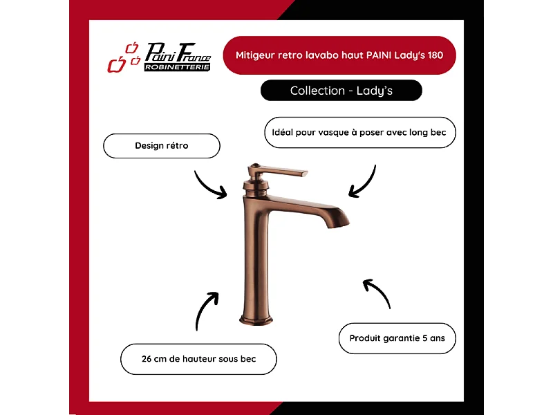 Mitigeur lavabo haut PAINI Lady's 180 auburn + nettoyant Briochin