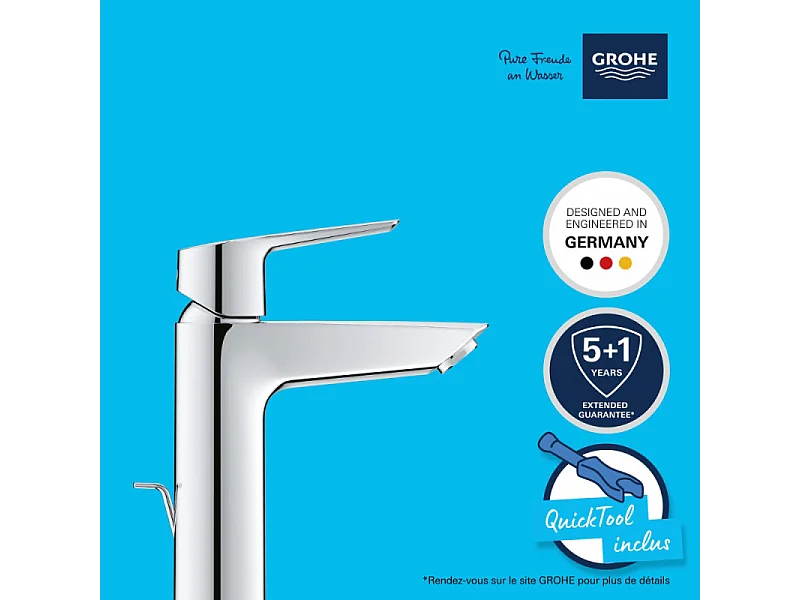Mitigeur lavabo GROHE Quickfix Start 2021 avec tirette et vidage taille M + microfibre