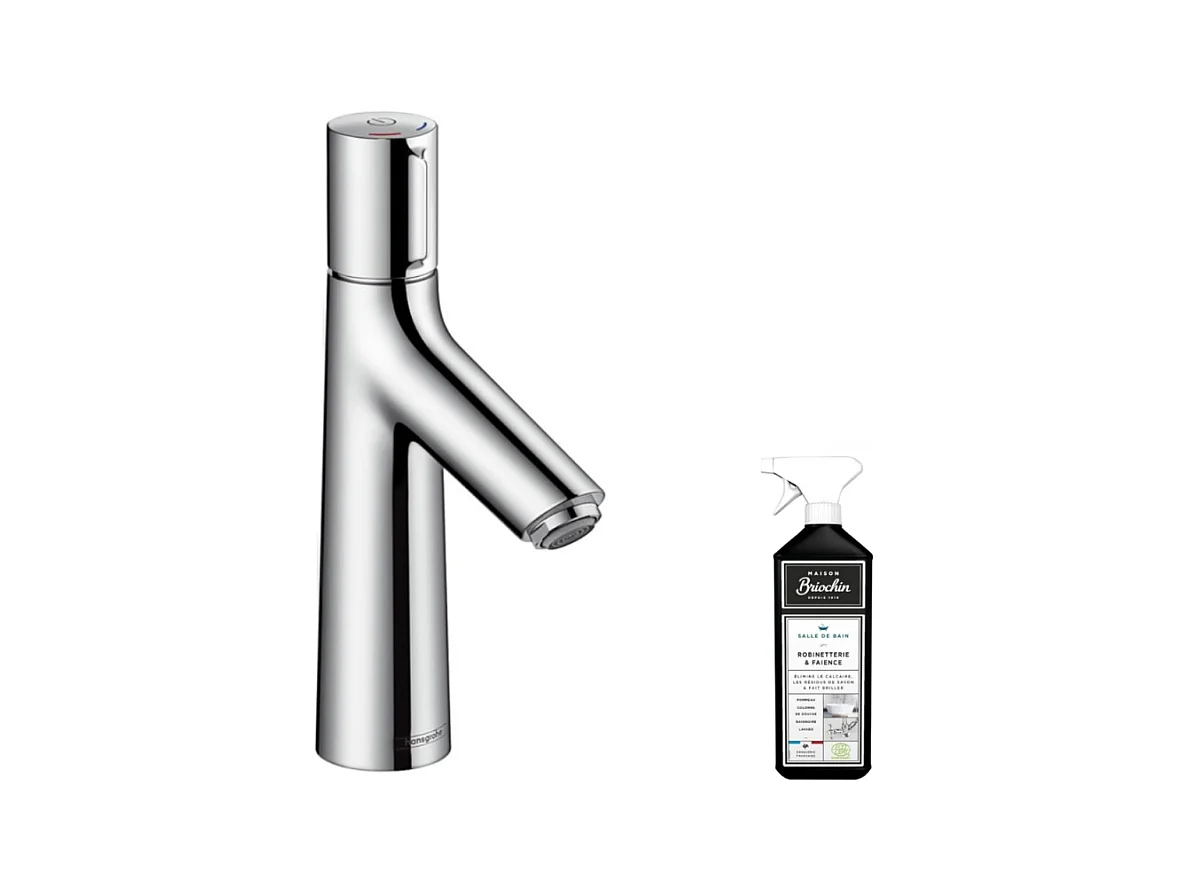 Mitigeur lavabo HANSGROHE 100, sans tirette ni vidage chrome + nettoyant Briochin