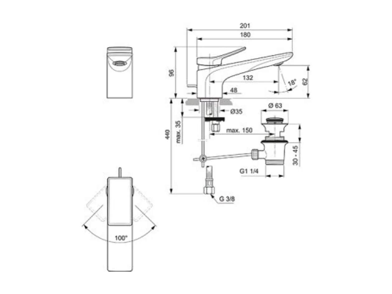 IDEAL STANDARD Mitigeur lavabo Conca avec tirette et vidage Or