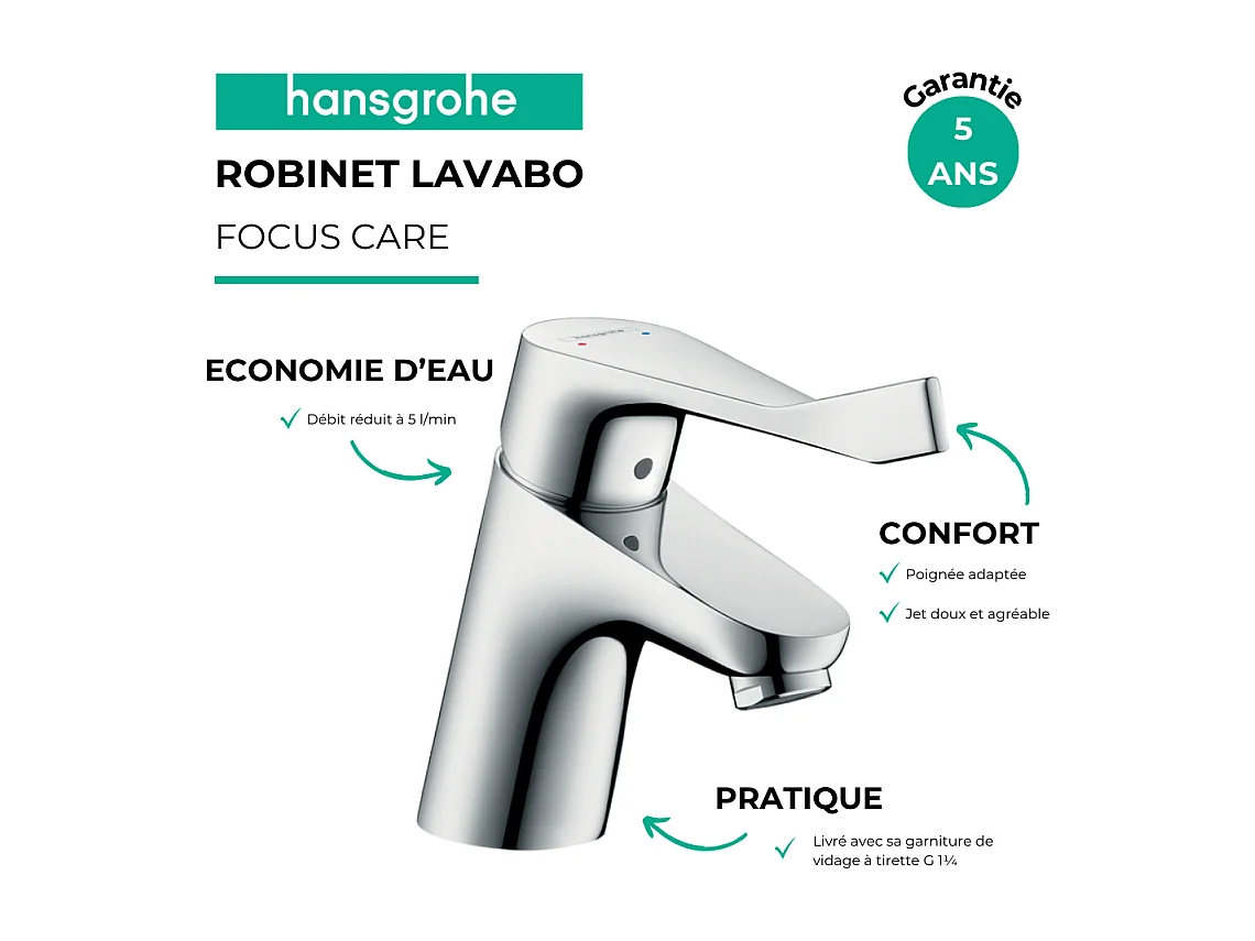 Mitigeur lavabo HANSGROHE Focus 70 Care avec tirette et vidage