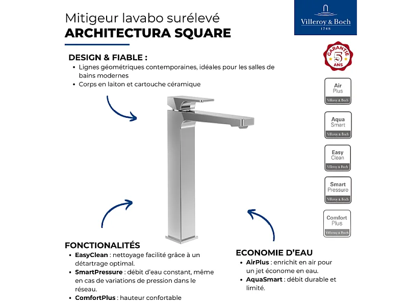 Mitigeur lavabo surélevé VILLEROY ET BOCH Architectura Square avec vidage Push Open Chrome