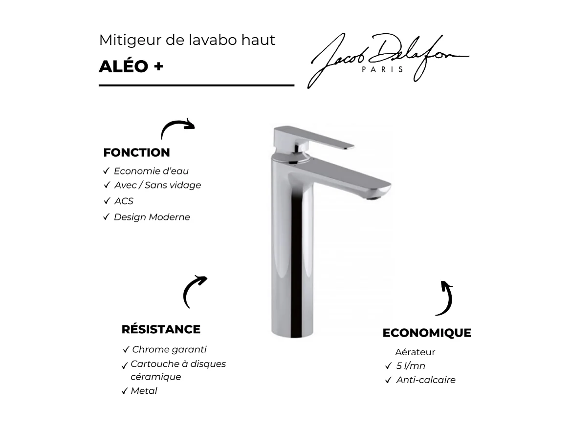 Mitigeur lavabo haut JACOB DELAFON Aleo+ sans vidage + nettoyant Briochin