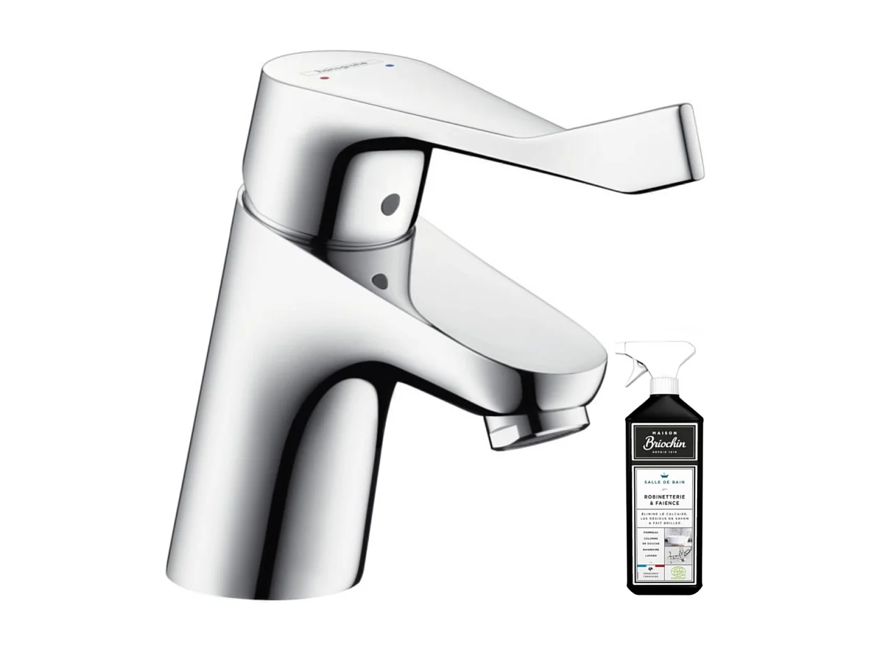 Mitigeur lavabo HANSGROHE Focus 70 Care avec poignée extra longue avec tirette et vidage chrome + nettoyant Briochin