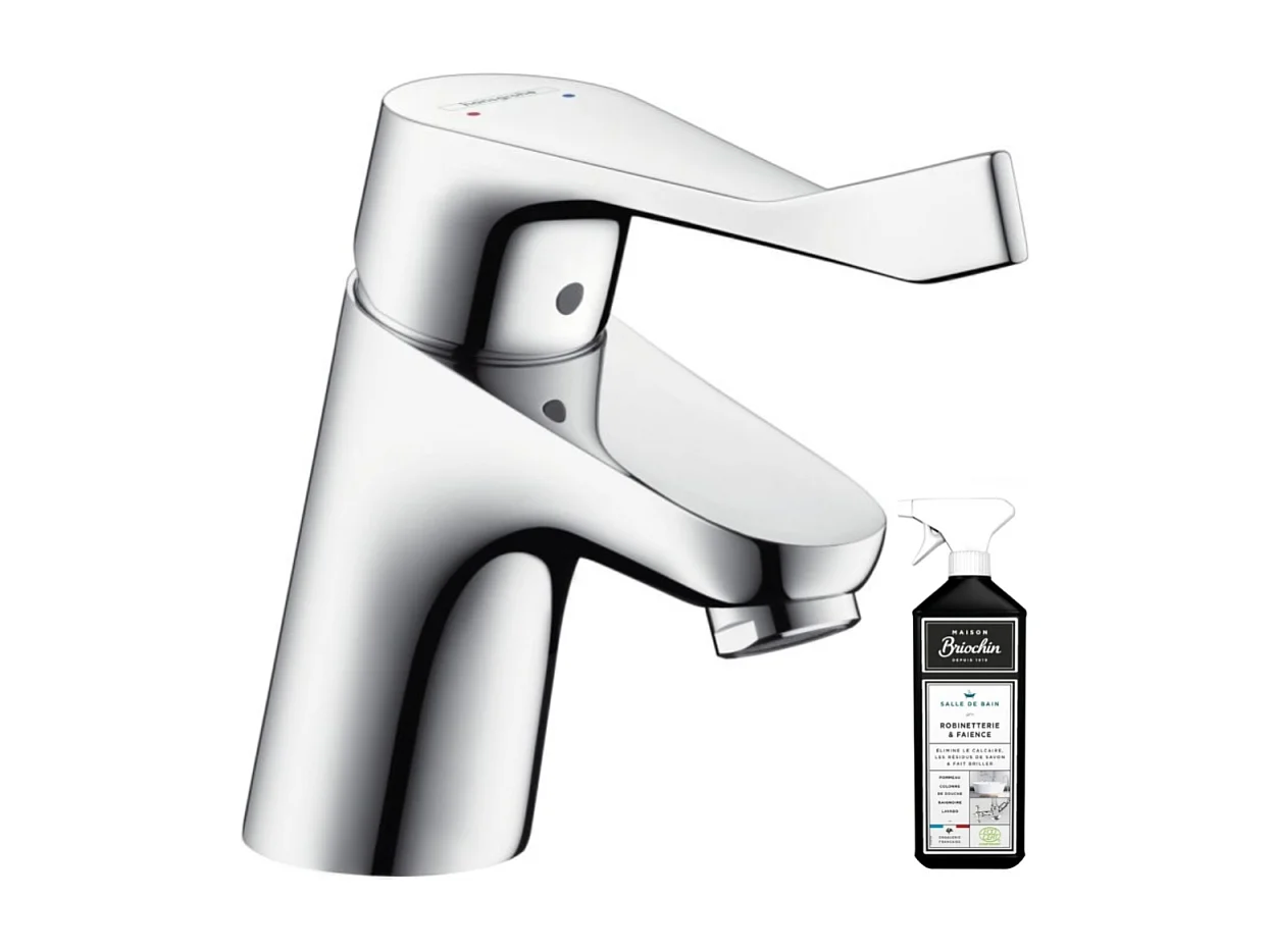 Mitigeur lavabo HANSGROHE Focus 70 Care avec poignée extra longue avec tirette et vidage chrome + nettoyant Briochin