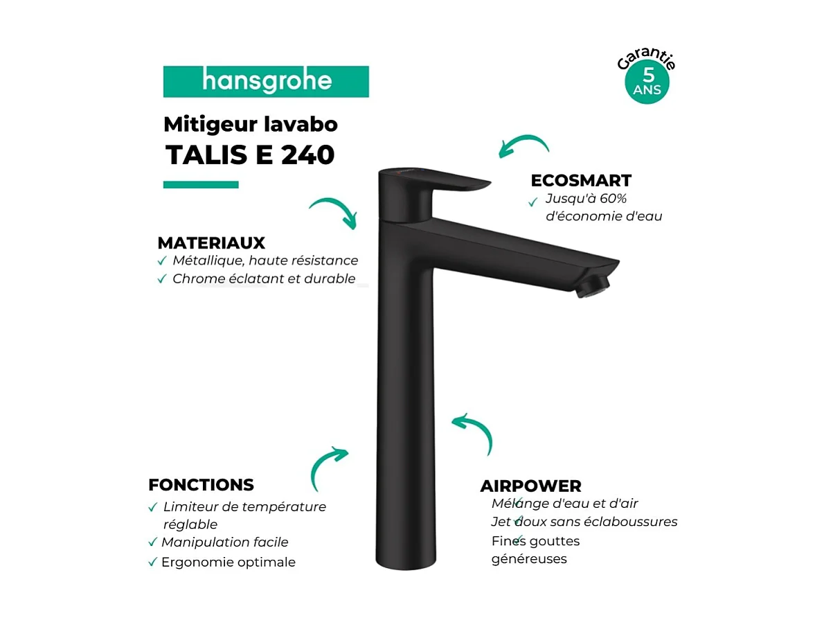 Mitigeur de lavabo HANSGROHE Talis E 240 noir mat