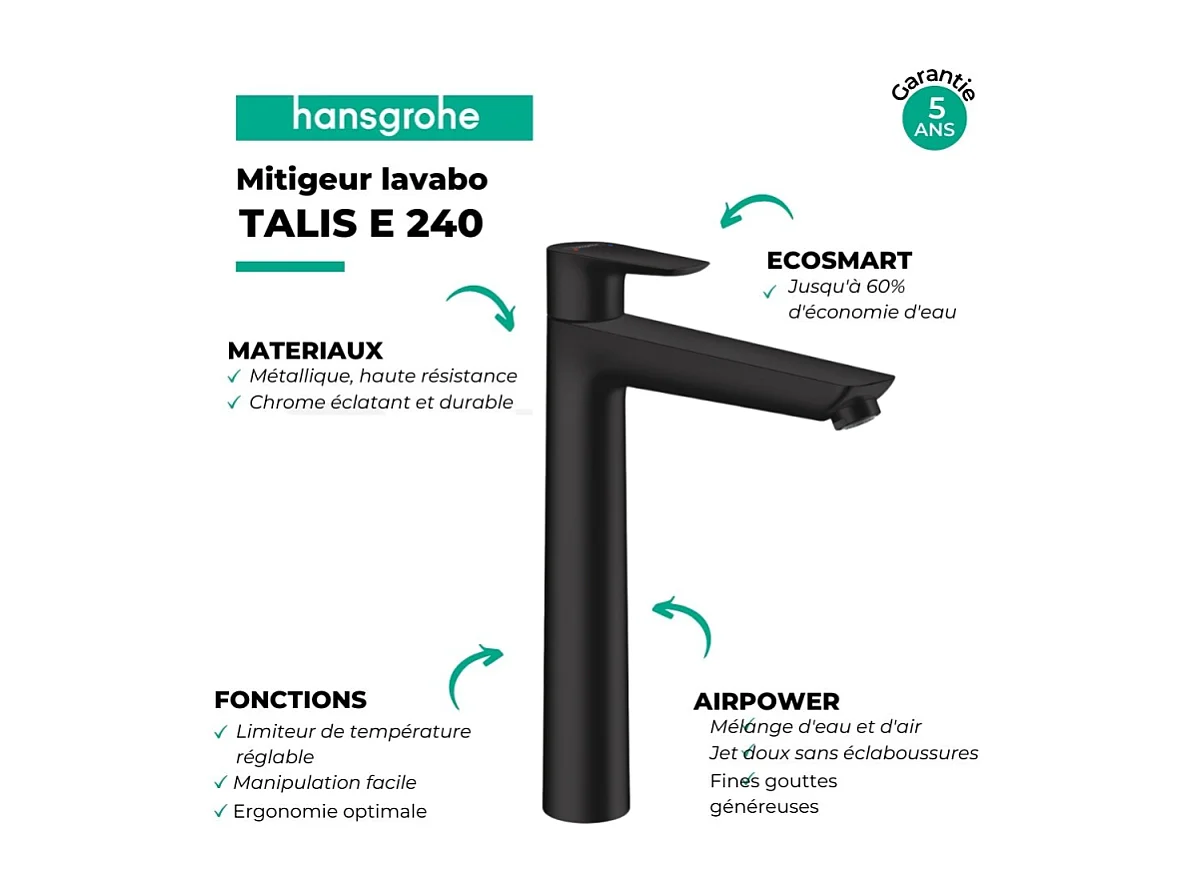 Mitigeur de lavabo HANSGROHE Talis E 240 noir mat