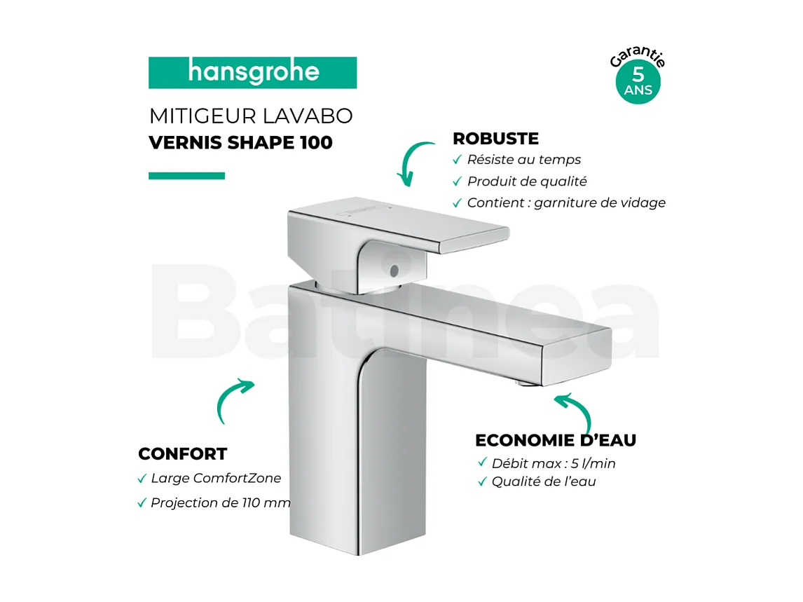 Mitigeur lavabo HANSGROHE Vernis Shape 100 Chromé avec tirette et vidage synthétique