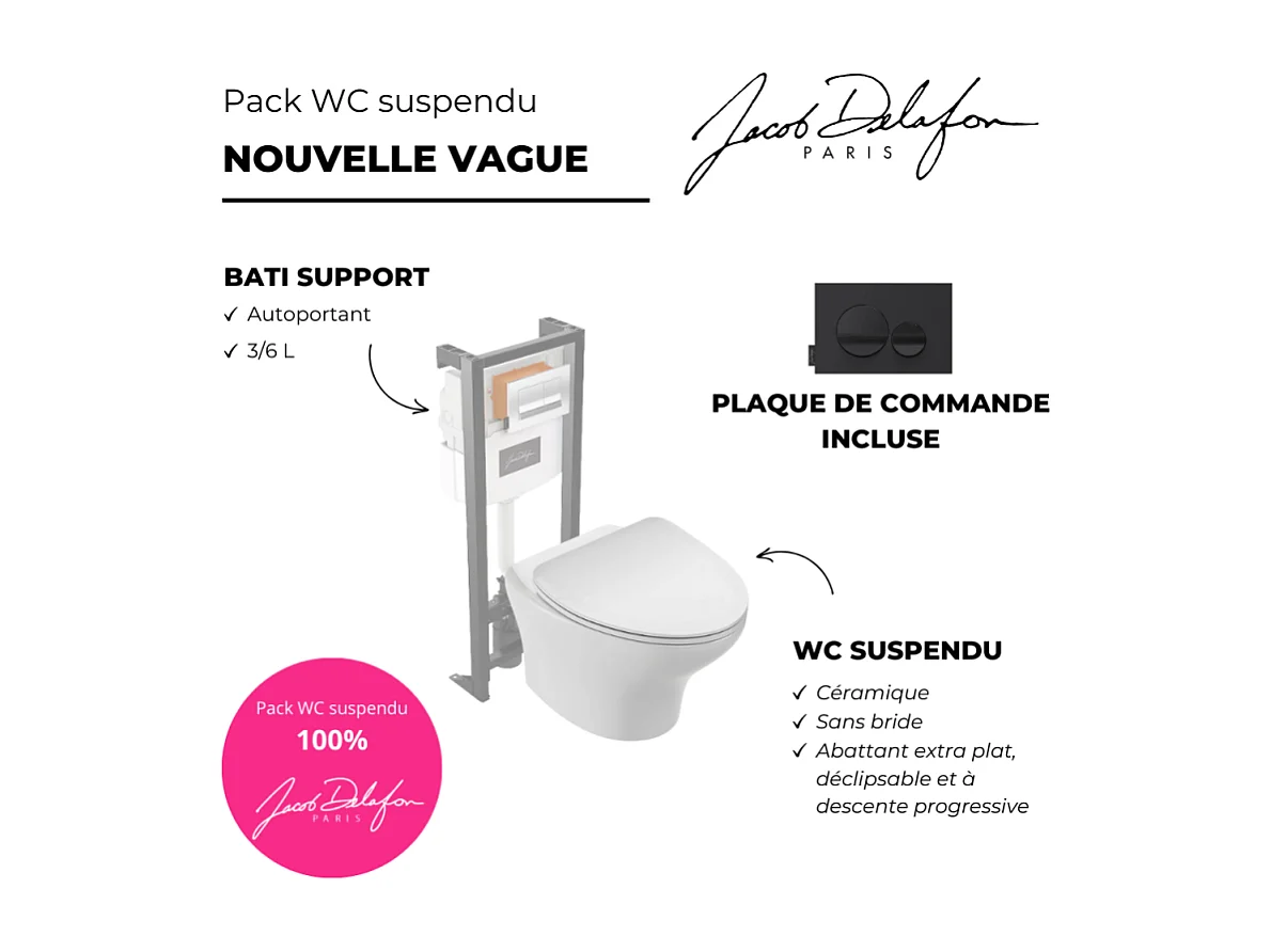 Pack WC suspendu sans bride JACOB DELAFON Nouvelle vague + bati support + plaque noir brillant noir mat
