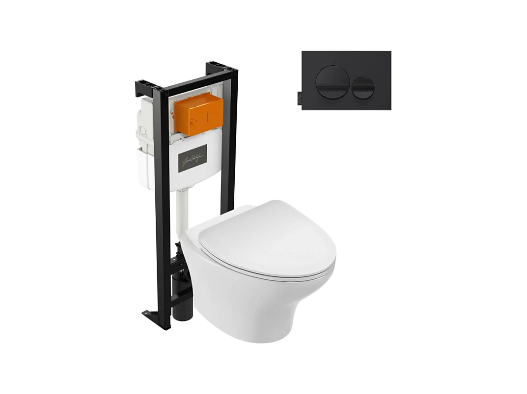Pack WC suspendu sans bride JACOB DELAFON Nouvelle vague + bati support + plaque noir brillant noir mat