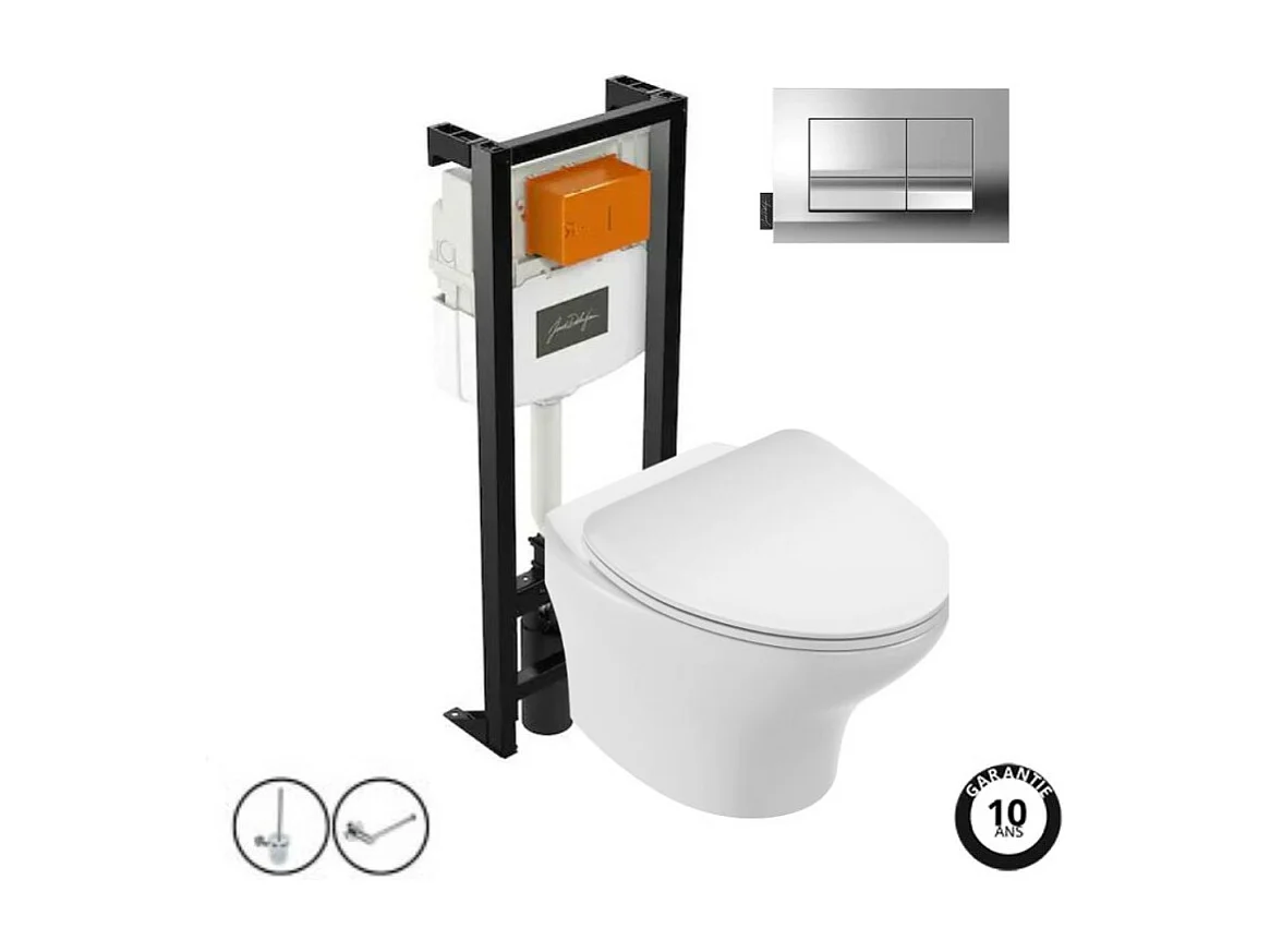 Pack WC suspendu sans bride compact JACOB DELAFON Nouvelle vague+ bâti-support + plaque Chrome + accessoires