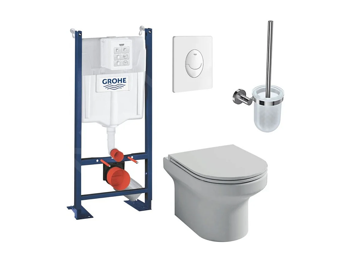 Pack WC suspendu sans bride JACOB DELAFON Elite + Bâti support GROHE Rapid SL Project  + plaque blanche + porte-balai chromé