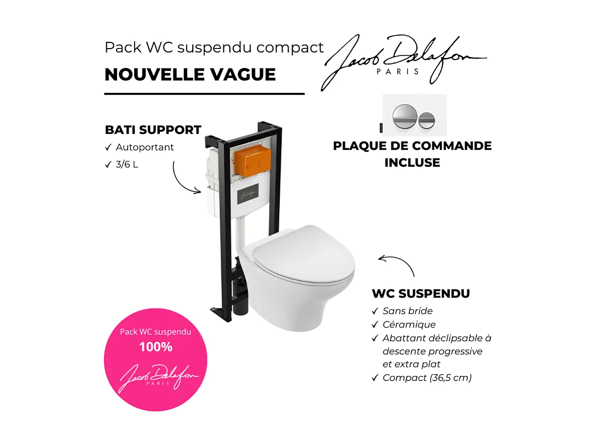 Pack WC suspendu sans bride compact JACOB DELAFON Nouvelle vague+ bâti-support + plaque Chrome brillant/Blanc mat