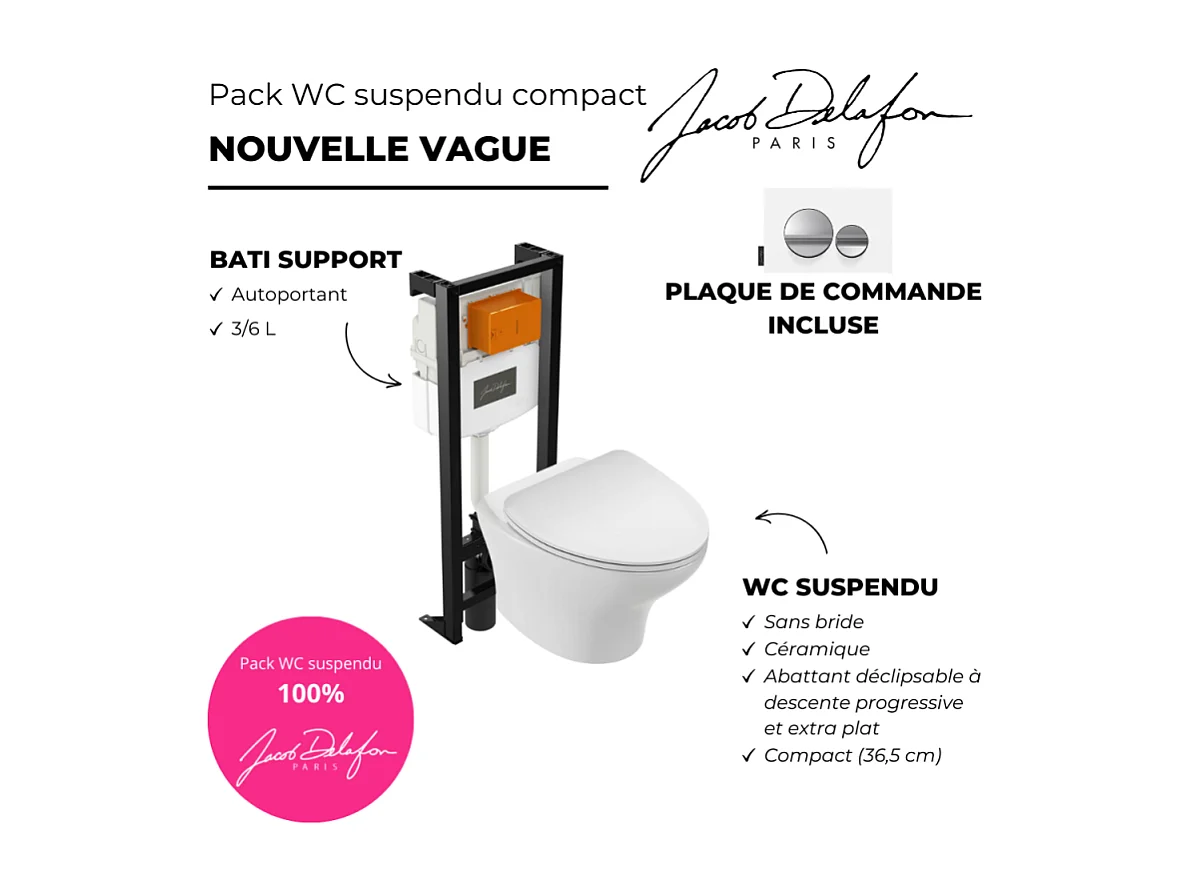 Pack WC suspendu sans bride compact JACOB DELAFON Nouvelle vague+ bâti-support + plaque Chrome brillant/Blanc mat