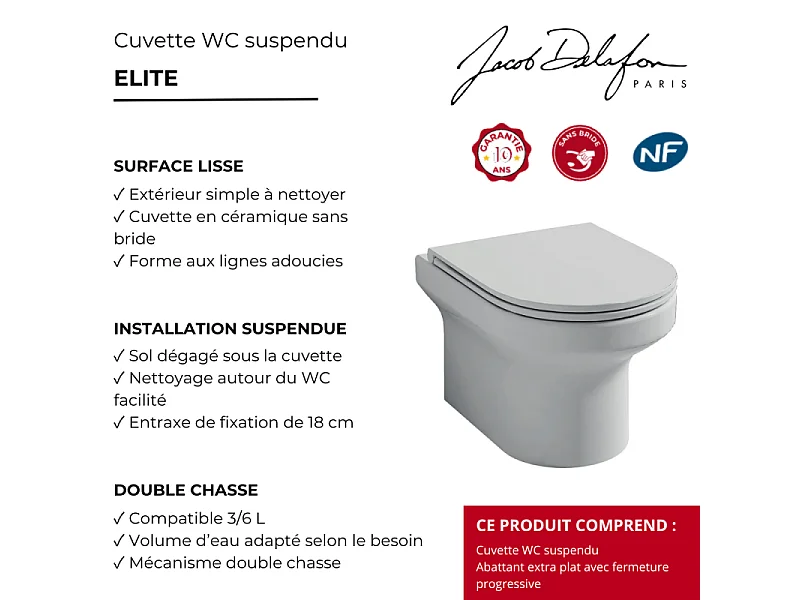 Cuvette WC suspendu sans bride JACOB DELAFON Elite avec abattant frein de chute extra-plat déclipsable