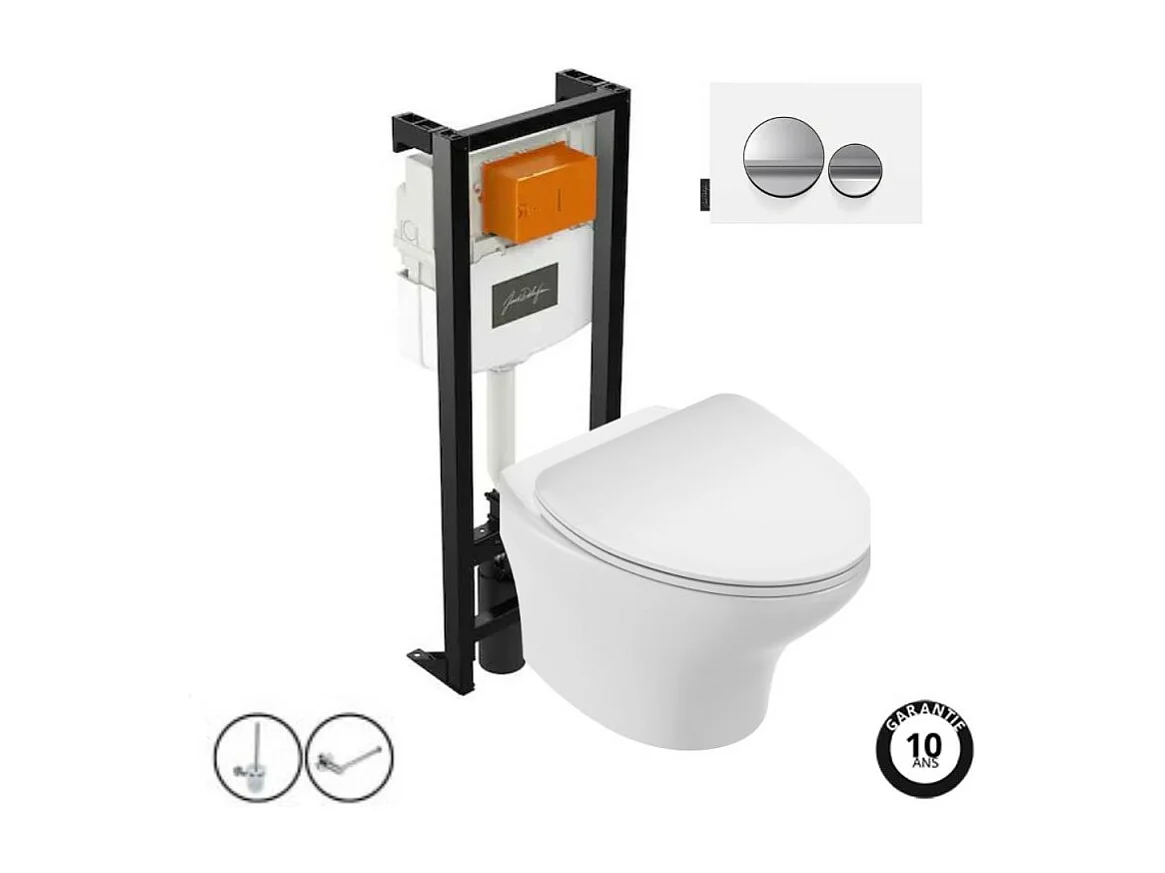 Pack WC suspendu sans bride compact JACOB DELAFON Nouvelle vague+ bâti-support + plaque Chrome brillant/Blanc mat + accessoires