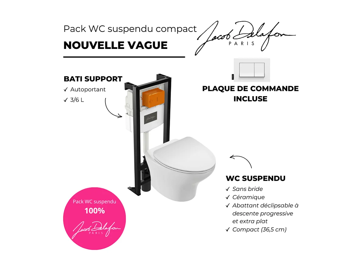 Pack WC suspendu sans bride compact JACOB DELAFON Nouvelle vague+ bâti-support + plaque Blanc brillant