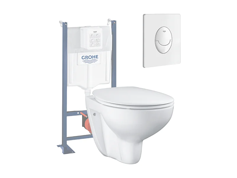 Grohe Pack WC suspendu sans bride Bau Ceramic + abattant + plaque blanche + bâti Grohe