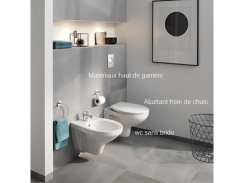 Grohe Pack WC suspendu sans bride Bau Ceramic + abattant + plaque blanche + bâti Grohe