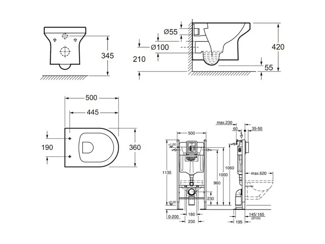 Pack WC suspendu sans bride + abattant + Bâti support + Sail Plaque de commande WC rond chromé