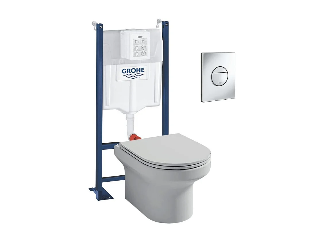 Pack WC suspendu sans bride + abattant + Bâti support + Sail Plaque de commande WC rond chromé